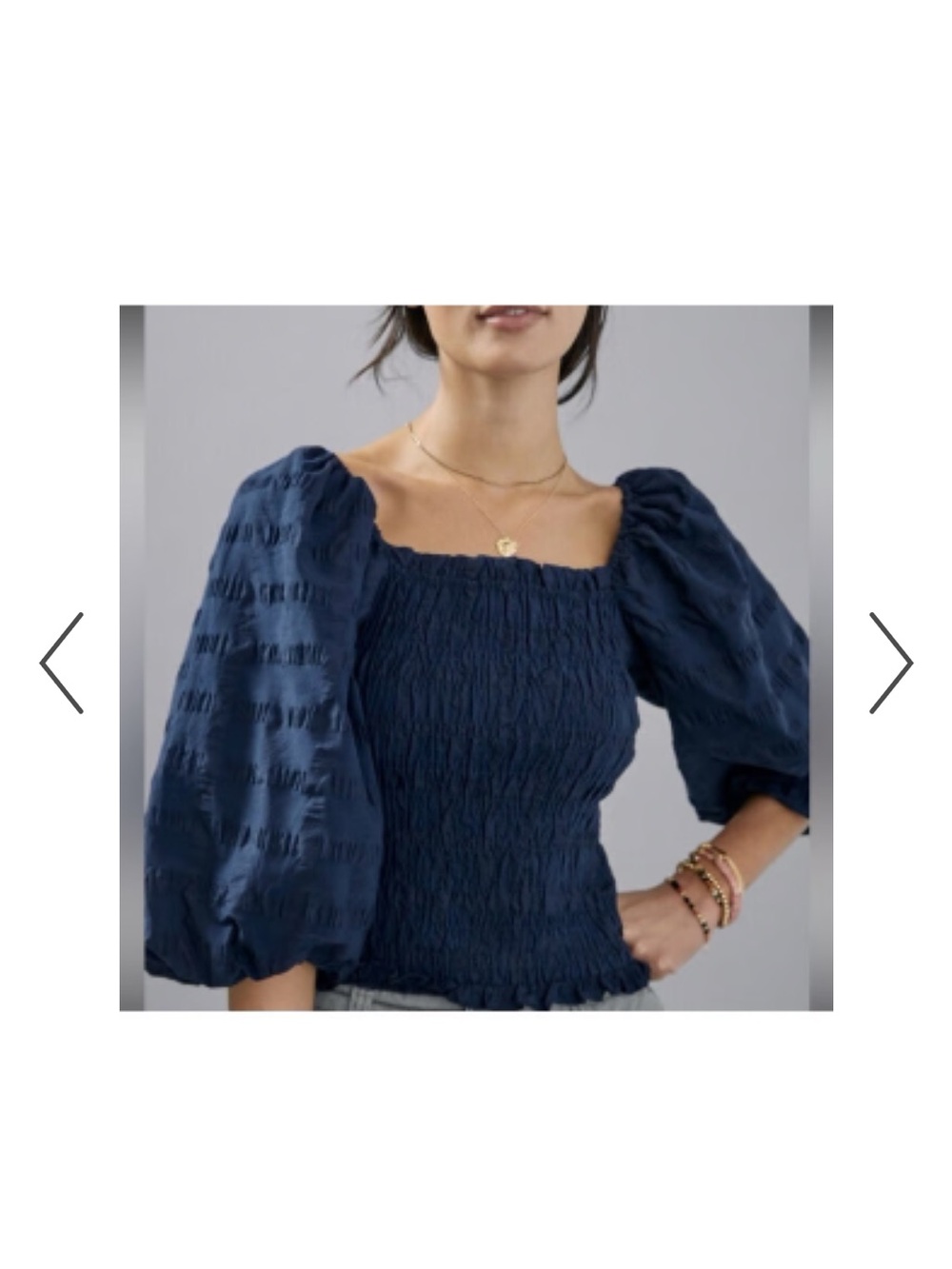 Mauve / Anthropologie Women's Navy Smocked Square-Neck Puff Sleeve Top Small